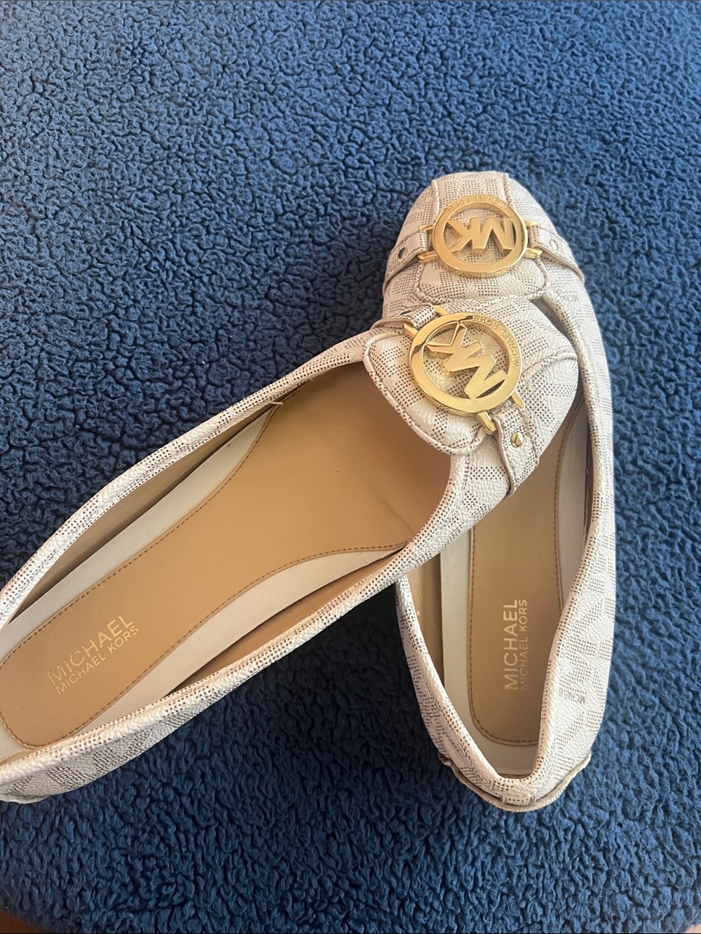 Michael Kors Beige Logo Ballet Flats with Gold Hardware